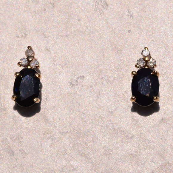 Natural Black Sapphire and Diamond Stud Earrings - Picture 1 of 3